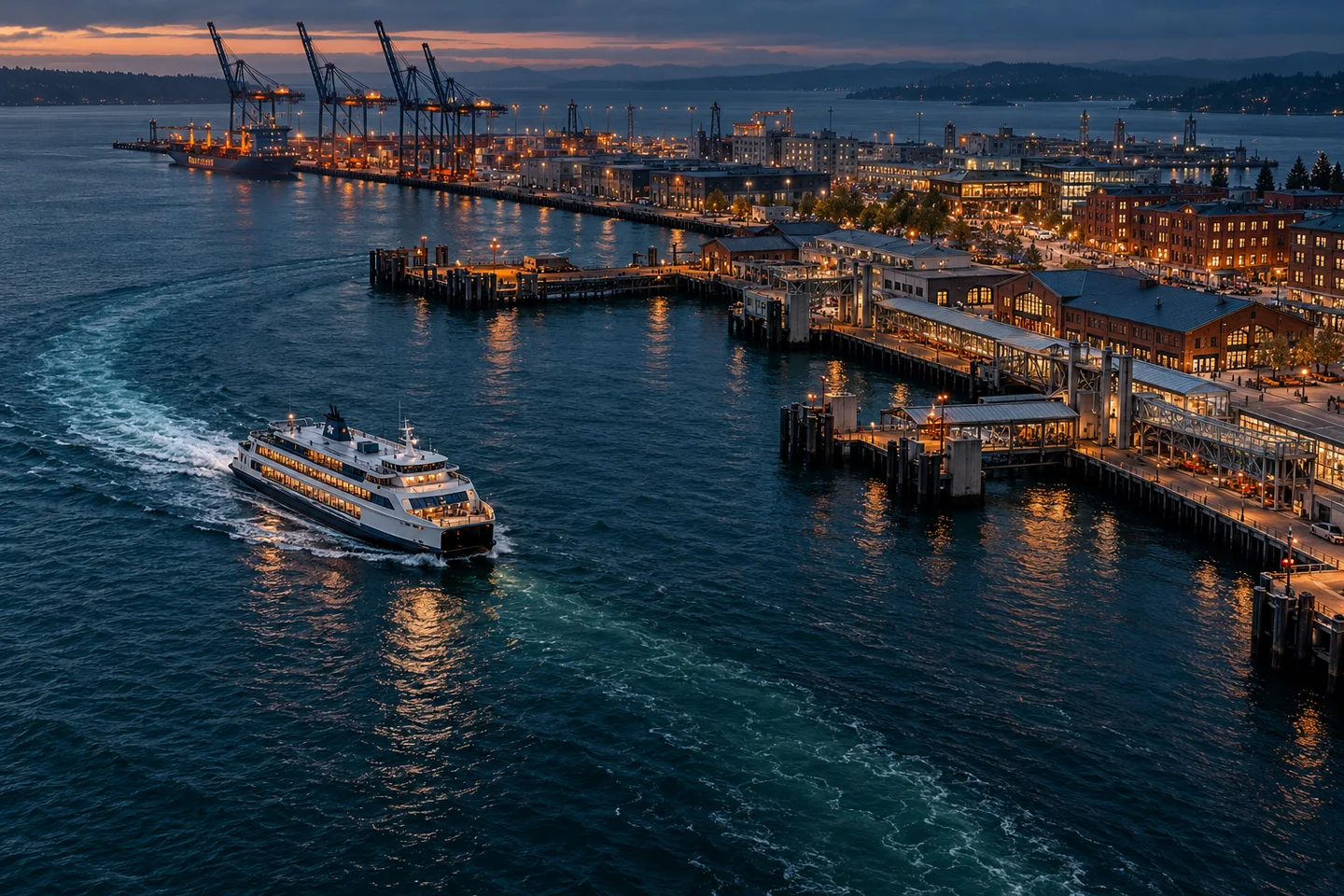 Conceptual editorial illustration of a passenger ferry, working harbor, terminals, and shoreside destination at dusk